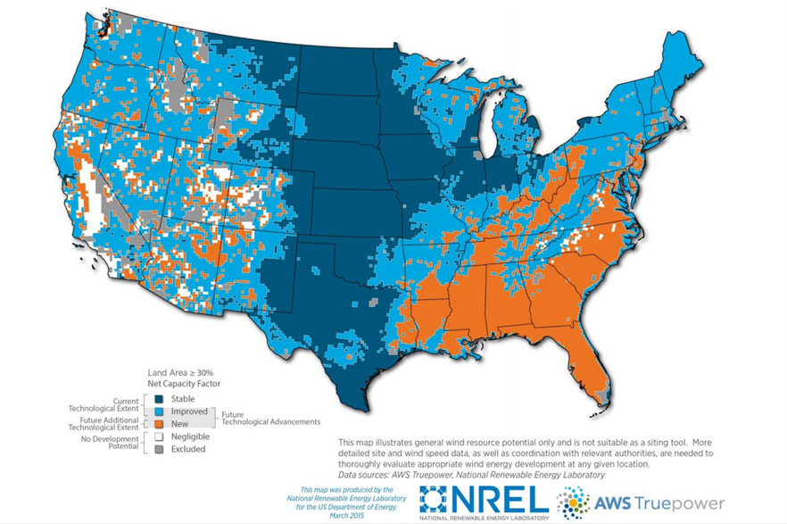 Light blue and orange on DoE map shows potential increased areas available for wind development