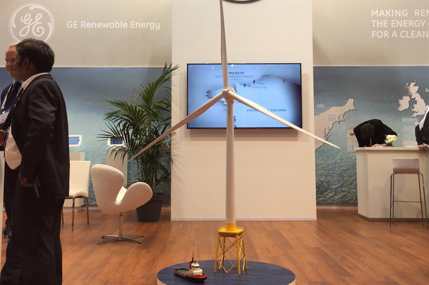 A model of the Alstom Haliade turbine at GE's stand during the EWEA conference in Paris