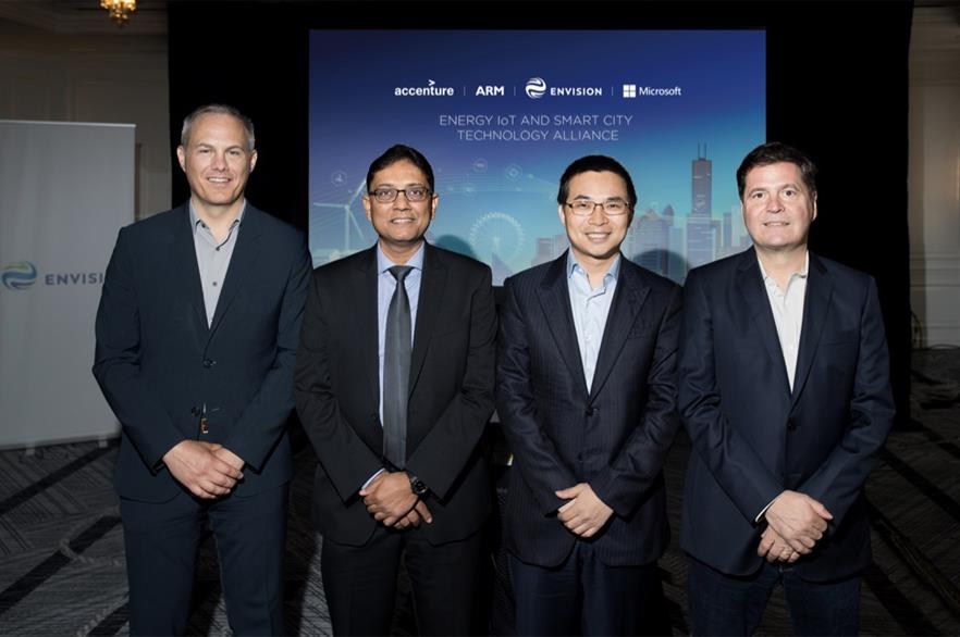 From left to right: Craig McNeil, Managing Director, Global IoT Lead, Accenture; Dipesh Patel, President, IoT Services Group, ARM; Lei Zhang, CEO, Envision Energy; and Alain Crozier, CEO, Microsoft Greater China Region (Photo: Noah Berger / Envision)