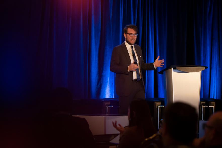 CanWEA regional director for the prairies, Evan Wilson, speaking at the association's Spring Forum in April
