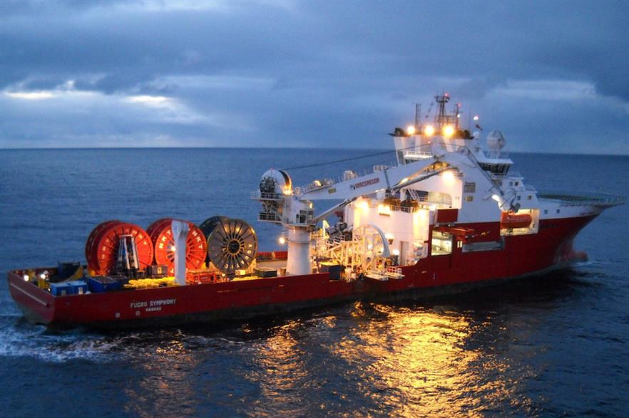 Fugro's Symphony vessel (above) was transferred to Global Marine Holdings alongside other marine cable laying and trenching assets