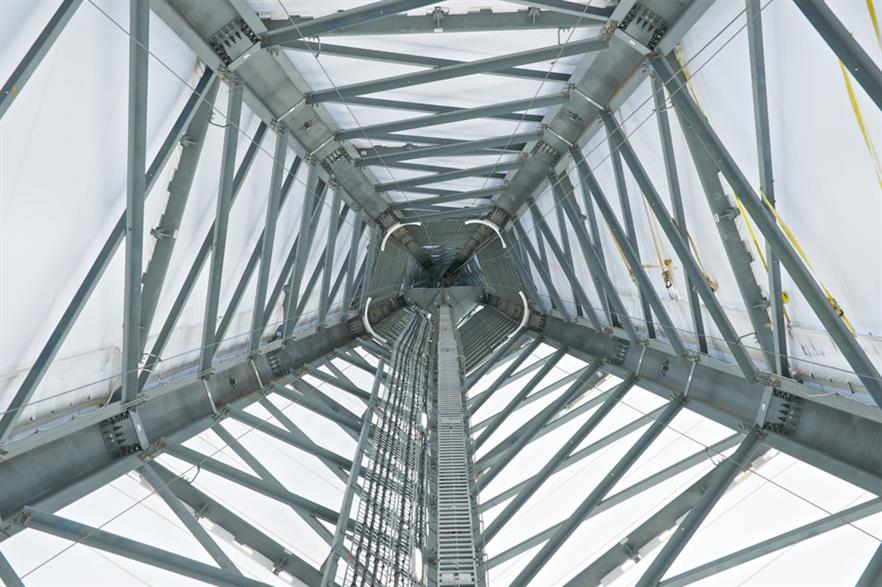 Prototype… GE’s new five-legged lattice space-frame tower uses 30% less steel than a tubular tower