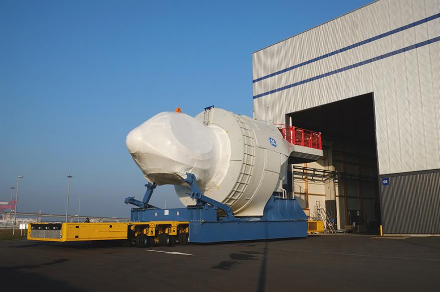 A GE Haliade nacelle leaves the factory in Saint Nazaire, France