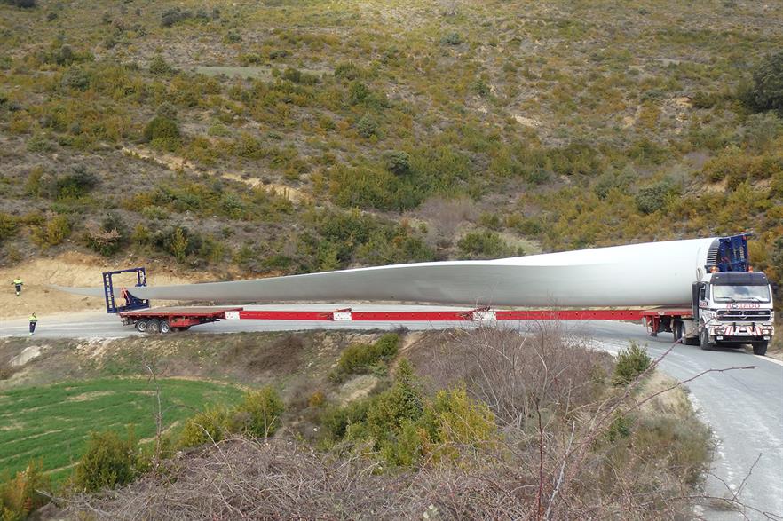 The blade for Gamesa's G132-5MW being transported to the site