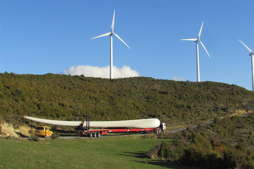 A 64.5-metre blade for Gamesa's G132 turbine is transported to a test facility in northern Spain