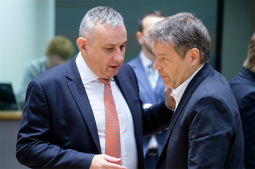 Czech industry minister and European Council president Jozef Sikela (left) talks with the German climate action minister Robert Habeck before Monday's meeting (pic credit: Thierry Monasse/Getty Images)