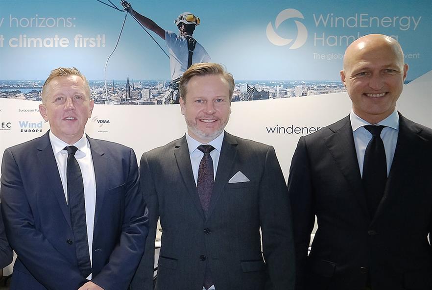Ben Backwell, Dennis Rendschmidt and Sven Utermöhlen (left to right) at WindEnergy Hamburg 2022 (Pic credit: Hamburg Messe und Congress/Michael Zapf)