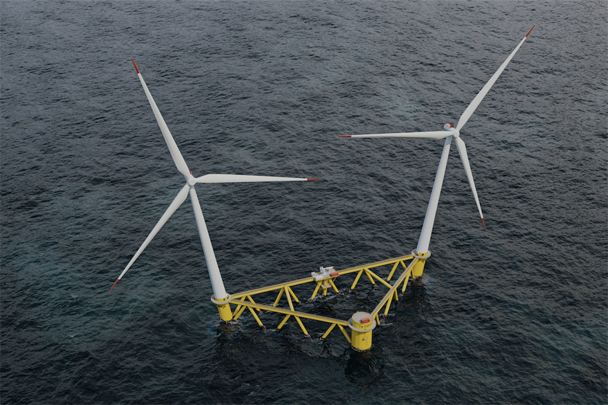 Hexicon has developed a semi-submersible platform that typically features two turbines installed on a single floating platform tethered to seabed by mooring lines