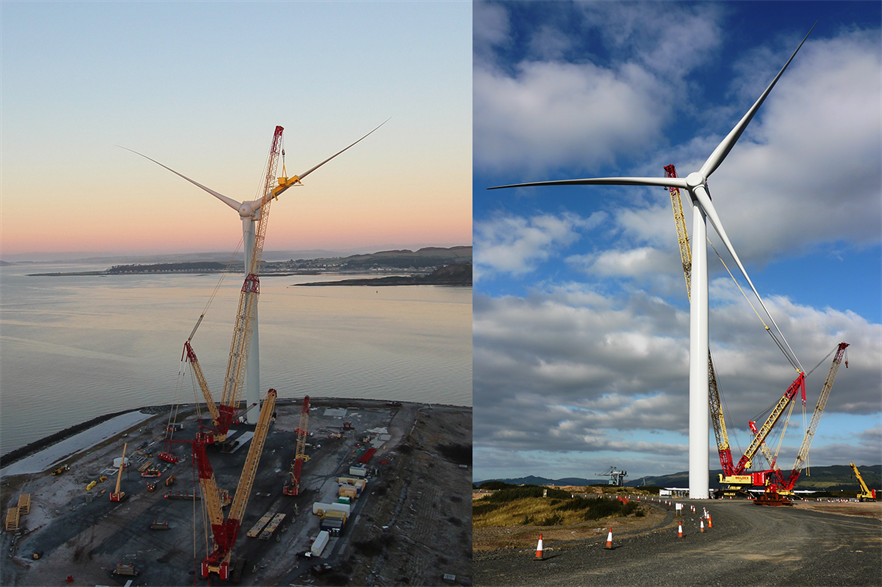 Mitsubishi's 7MW SeaAngel (left) and Siemens Gamesa's 6MW prototype wind turbines operate at Hunterston (pics: Mitsubishi / Siemens)