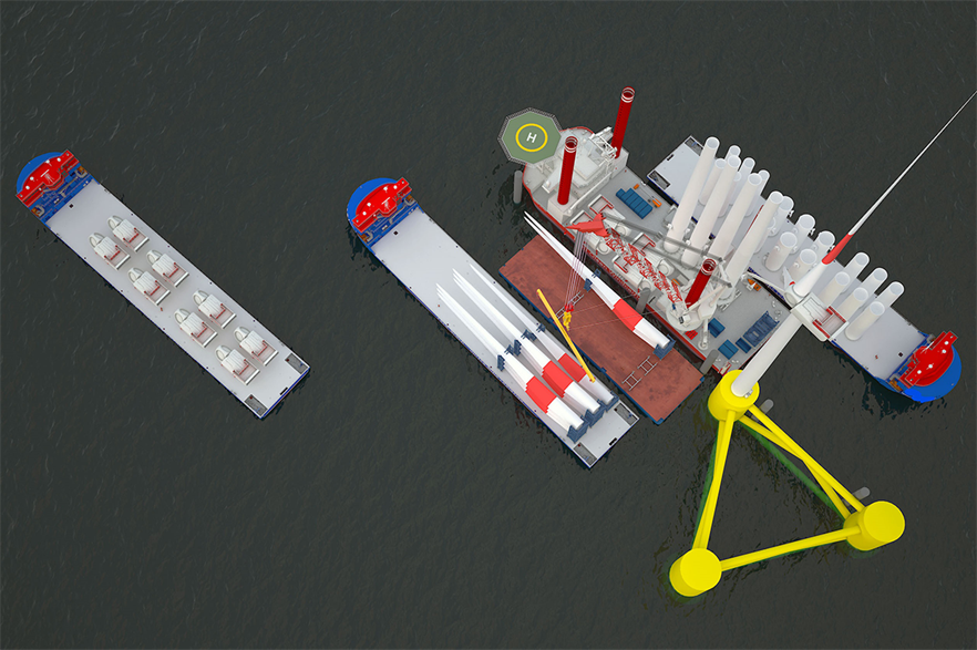 Fred Olsen 1848 has developed a mobile port solution using jack-up vessels in sheltered waters to install turbines on floating foundations 