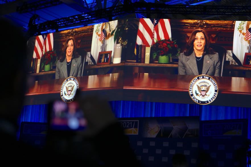 Vice president Kamala Harris tout the “build back better” bill in a video address to the American Clean Power Association’s Cleanpower 2021 conference