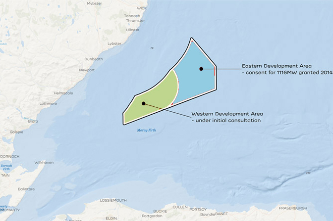 Moray East (blue) and Moray West (green) are due to be installed off Scotland's east coast 