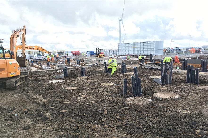 The battery storage facility under construction at Vattenfall's Pen y Cymoedd project in Wales