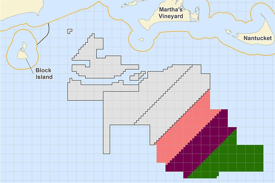 Three zones (pink, purple and green) will be auctioned off Massachusetts in December (pic: BOEM) 