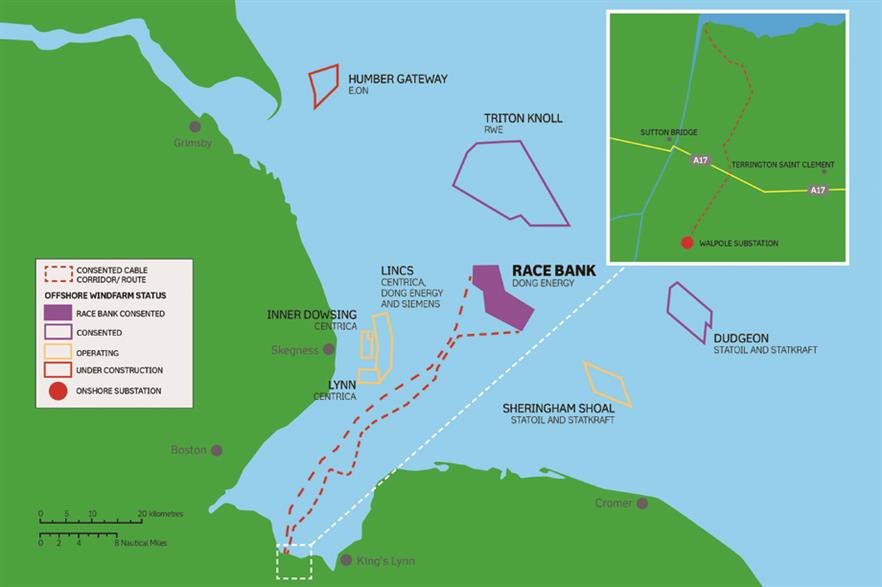 Race Bank is located off the east coast of England