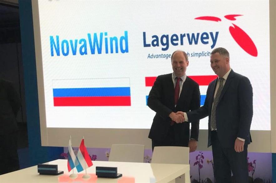 NovaWind CEO Alexander Korchagin and Lagerwey CEO Huib Morelisse signed the agreement at the WindEurope exhibition in Amsterdam (pic credit: Lagerwey)