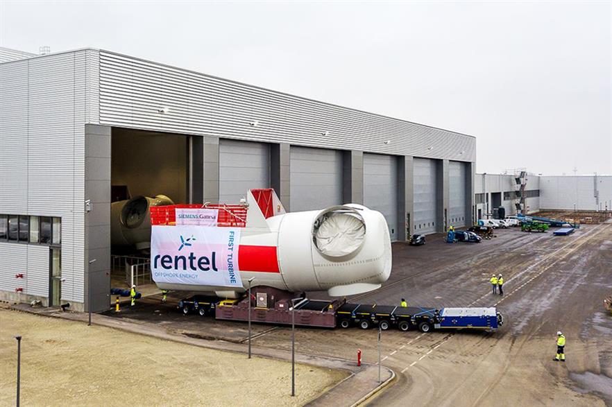 The first nacelle destined for Rentel is rolled-out of SGRE's new Cuxhaven offshore factory in Germany