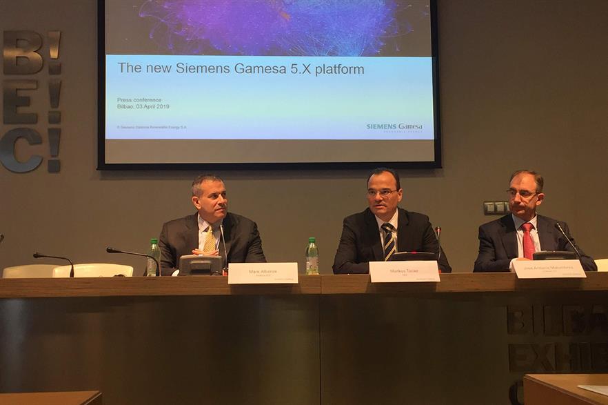 Announcing the 5MW platform (left to right): SGRE onshore and service CEO Mark Albenze, CEO Markus Tacke and onshore CTO Jose Antonio Malumbres