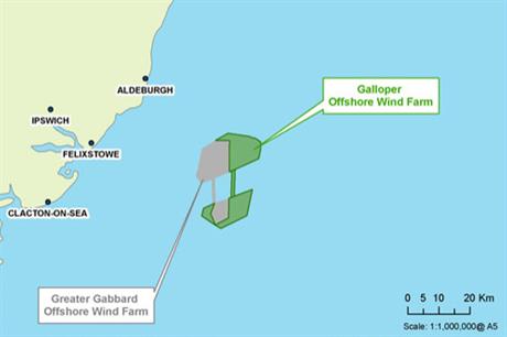 Galloper is located off the UK's east coast, beside the Greater Gabbard project
