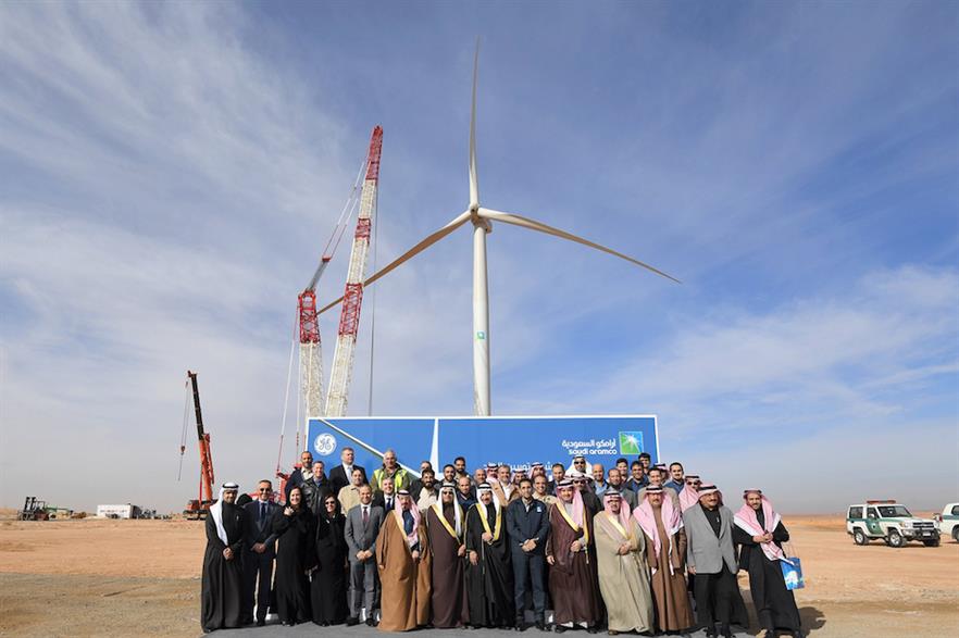 Saudi Arabia's first wind turbine -- a GE Renewable Energy 2.75-120 installed for oil company Aramco