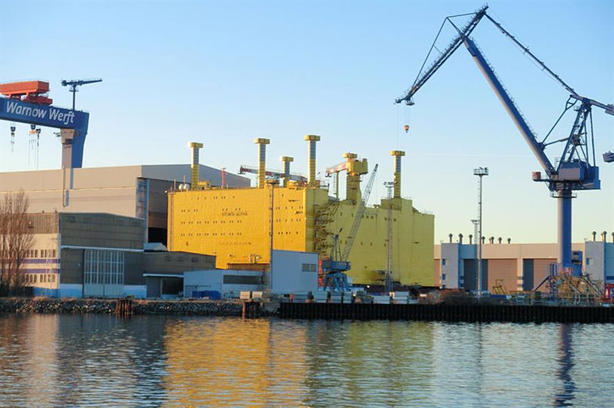 The Sylwin Alpha platform ready to sail at Rostock port
