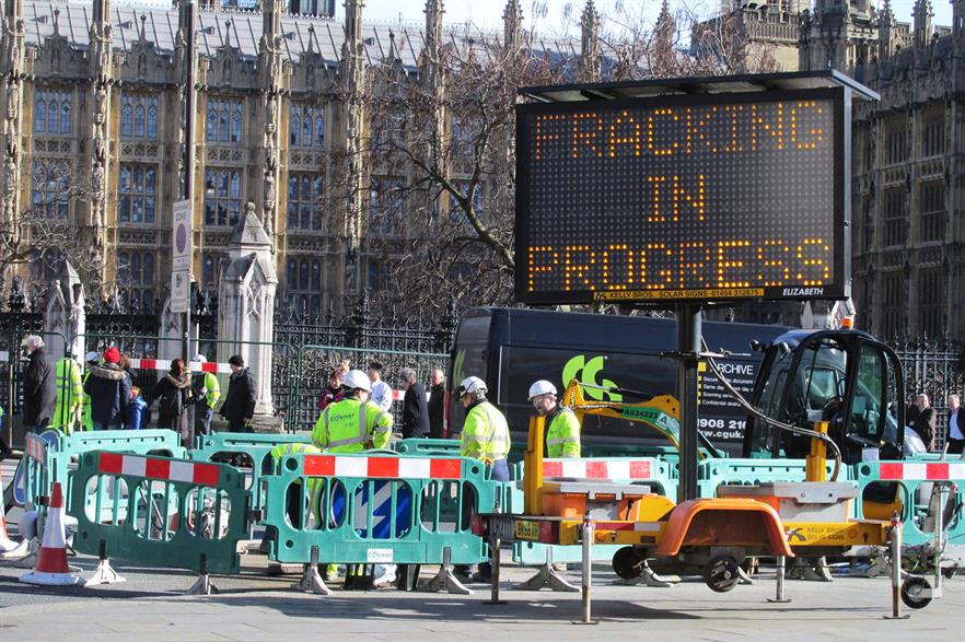 Greenpeace protest against fracking outside the UK's parliament in February 2016 (pic: David Holt)