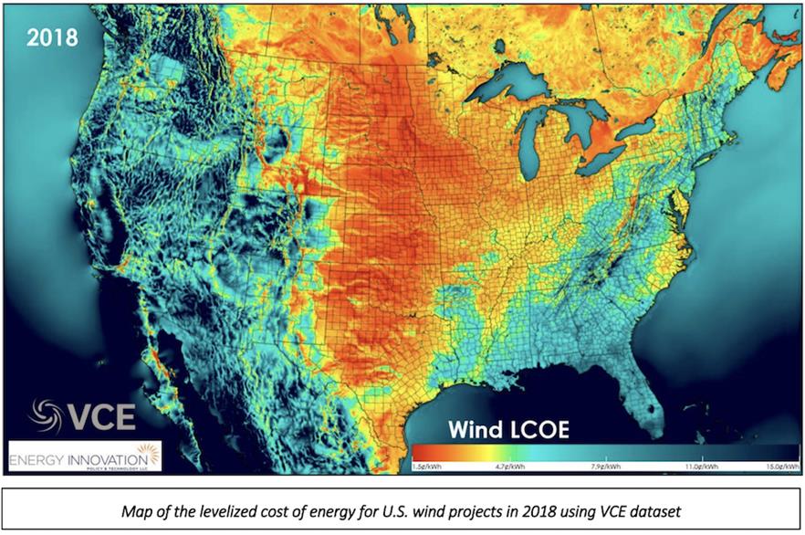 The levelised cost of energy for new US wind projects based on locational resource quality in 2018 (pic credit: Energy Innovation)