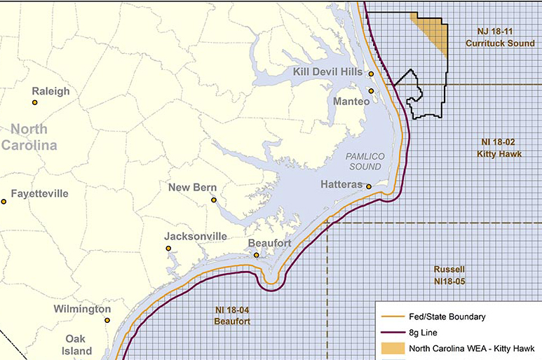 The Kitty Hawk zone (yellow) is located 44 kilometres off North Carolina's coast
