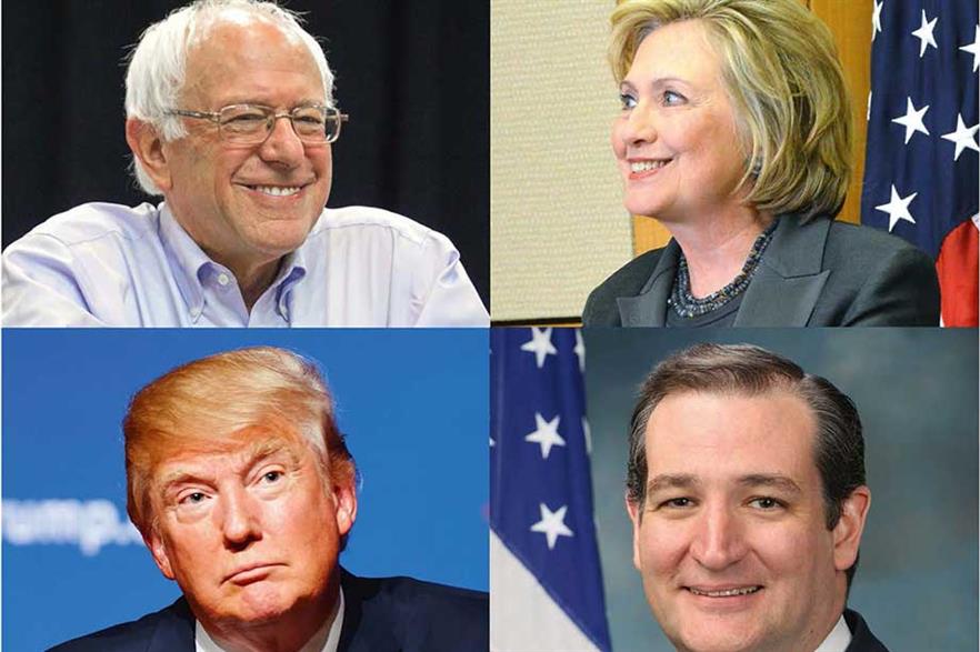 Presidential hopefuls… Bernie Saunders, Hillary Clinton, Ted Cruz and Donald Trump (clockwise from top left)