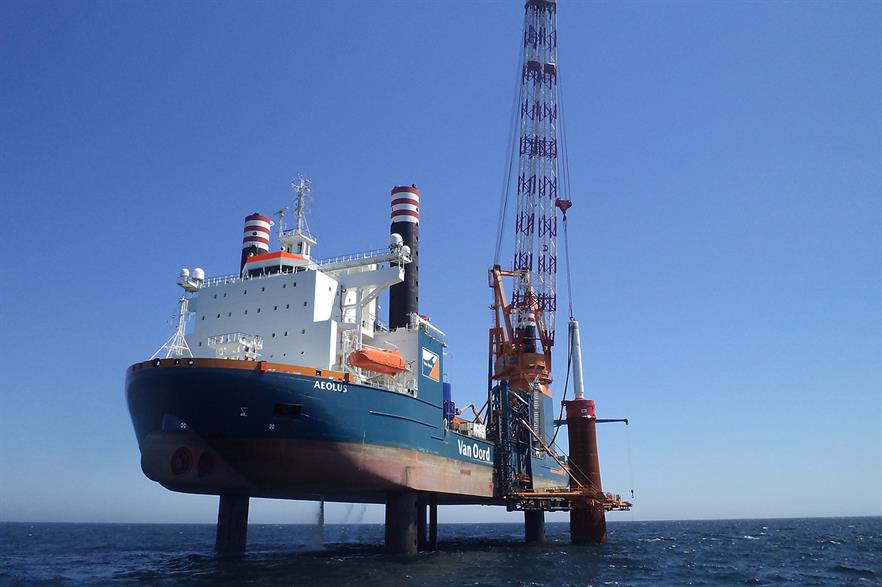 Van Oord's Aeolus vessel installing monopiles at a Dutch offshore project