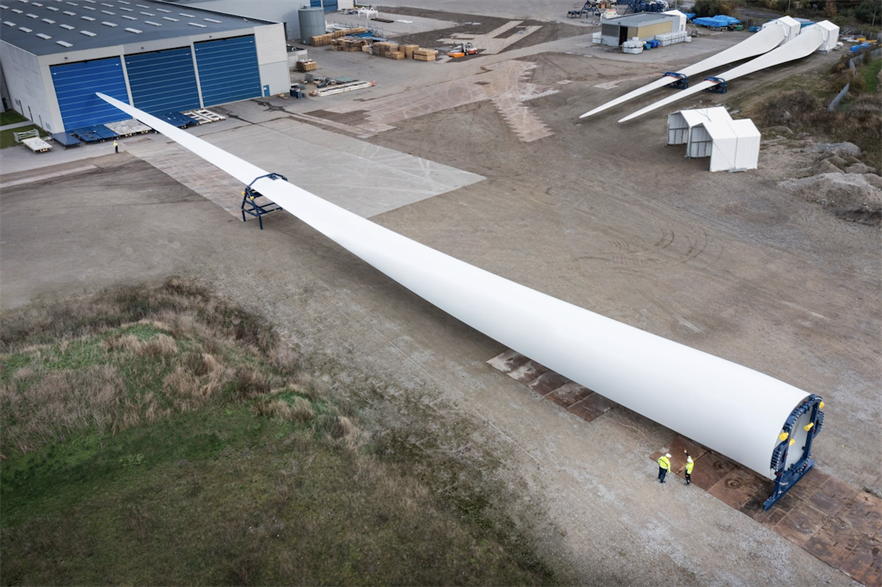 Vestas' first 115.5-metre blade outside its factory in Nakskov, Denmark