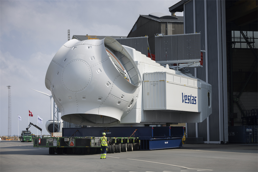 The nacelle for Vestas' V236-15.0MW turbine at its facility in Lindø, Denmark 