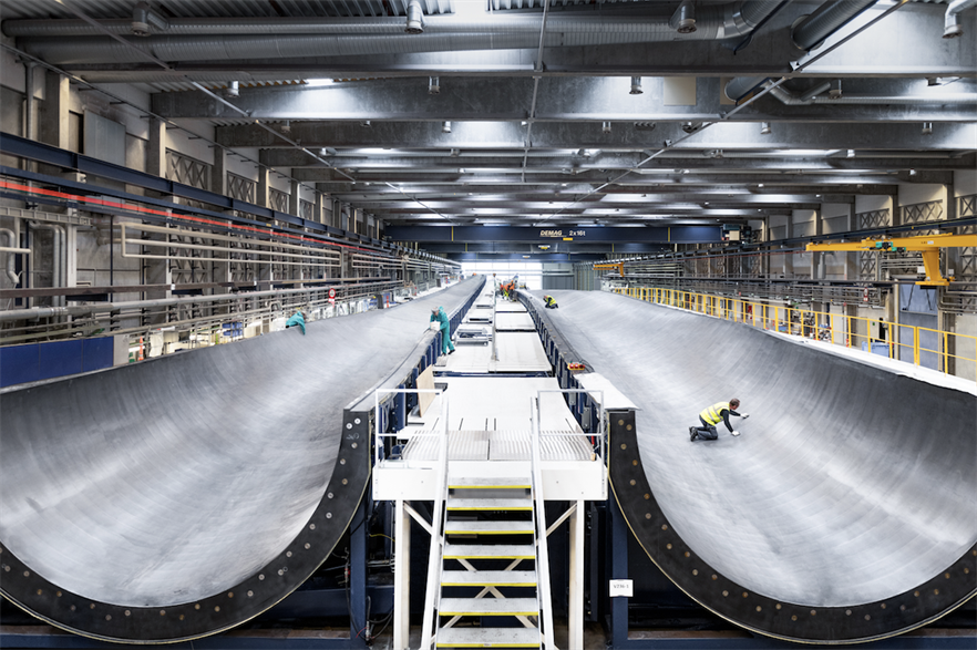 A mould of Vestas's 115.5-metre blades in Nakskov, Denmark