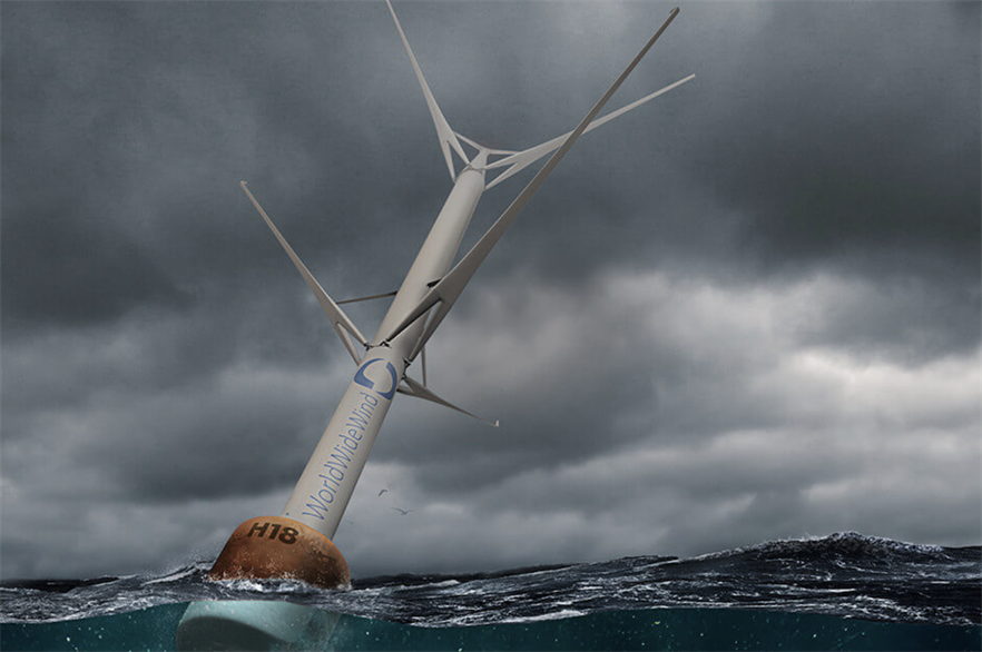 World Wide Wind is designing a turbine that features two omni-directional rotors on a leaning, single tower structure, anchored to the seabed with a mooring system