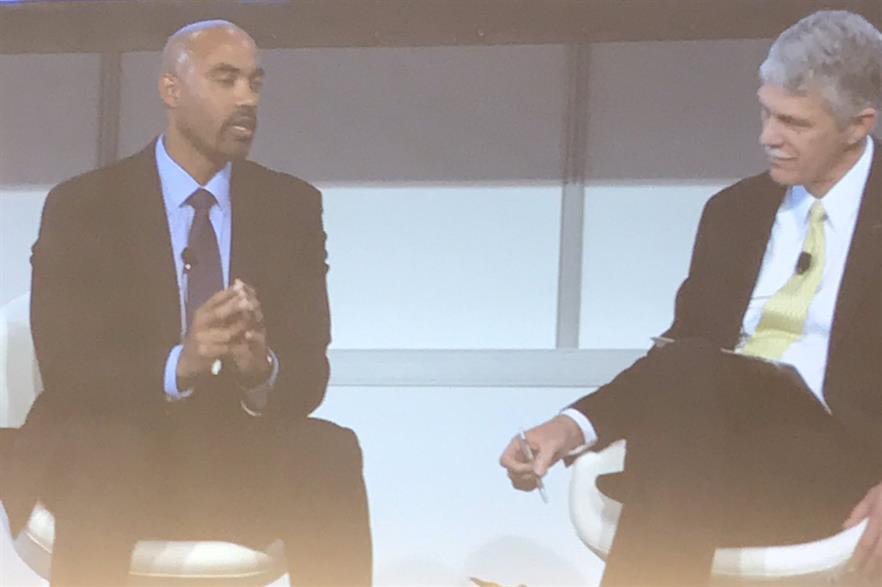 MidAmerican Energy's Adam Wright (left) speaks to AWEA CEO Tom Kiernan at Windpower 2018 (pic: AWEA)