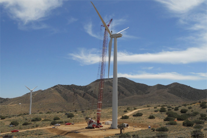 A Vestas V90 turbine being installed at the Alta Wind Energy Centre