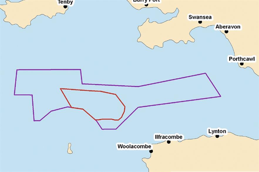 The location of Atlantic Array with the Devon coast bottom right