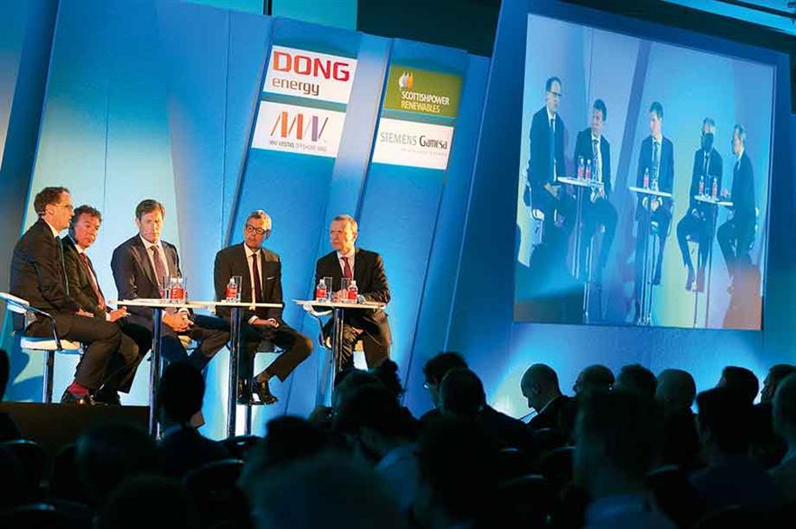  Event ambassadors: Big developers and manufacturers opened the event, joined on stage by WindEurope’s Giles Dickson (right) (pics: WindEurope/Ian Howarth)