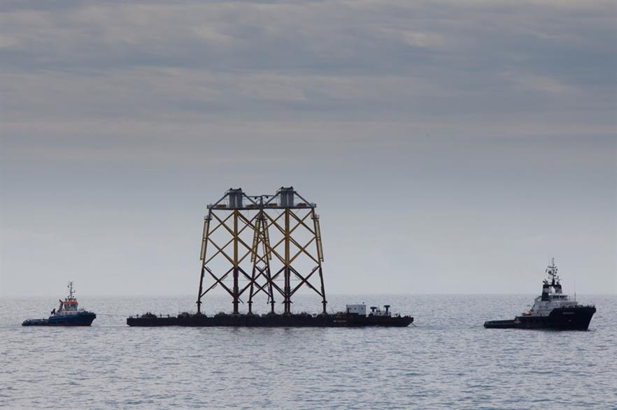 En route… A barge carrying two four-leg jackets is being towed by tug to the Ormonde site off the coast of Cumbria in the UK (pic: Vattenfall/Ben Barden)