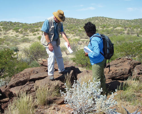 Researchers from CSM and Nambia Rare Earths discuss a carbonatite dyke at Lofdal, Namibia (credit: Frances Wall)