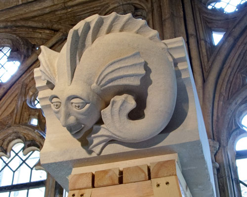 One of 12 new Syreford stone grotesques carved by students for St George's Chapel, Windsor. Credit: City & Guilds of London Art School