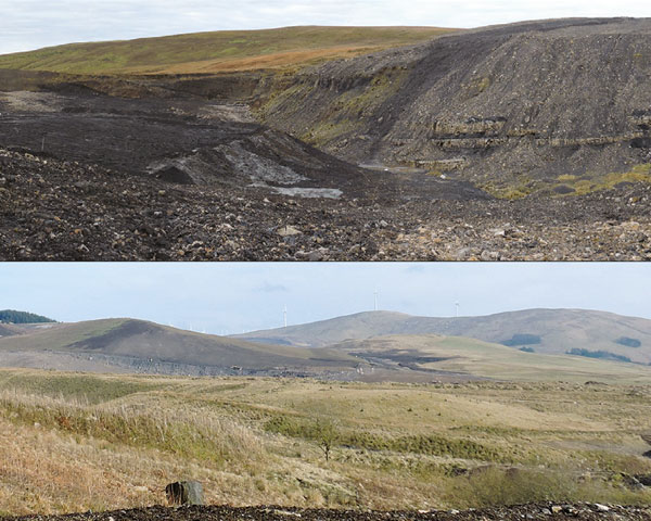 The unrestored site (top) and a view across the restored landform blending in with the landscape. Photo: Banks Mining