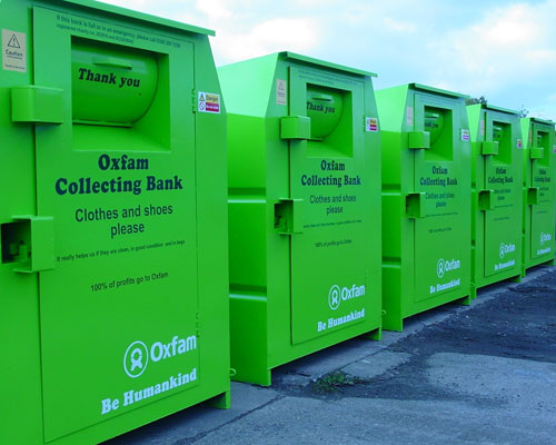 Oxfam clothes recycling bins. Credit: Oxfam