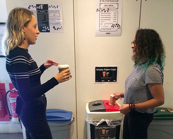 Students recycling coffee cups at UCL. Photograph Bywaters