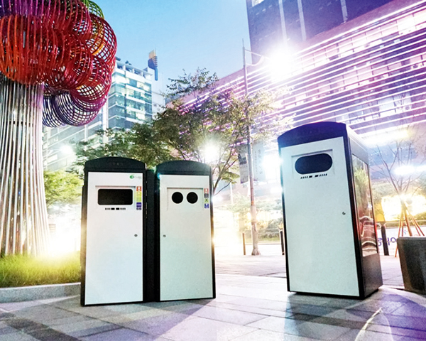 Solar-powered compression bins in Seoul. Photograph: Ecube Labs