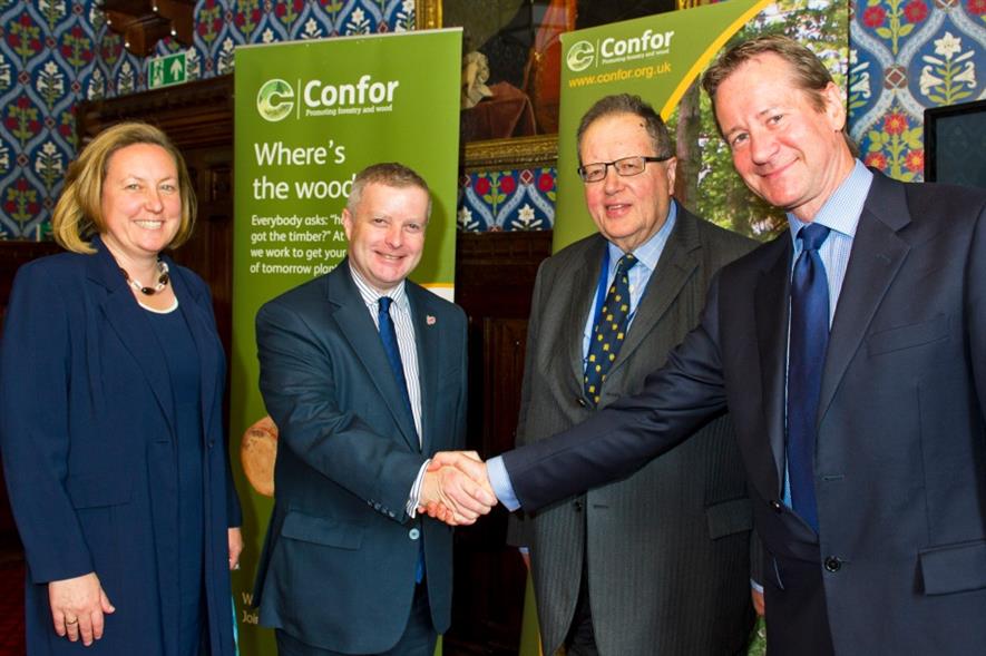 L-R: Anne-Marie Trevelyan MP (APPGF vice-chair), Chris Davies MP (chair), Lord Boswell of Aynho (vice-chair), Stuart Goodall (CEO, Confor) - image: Confor