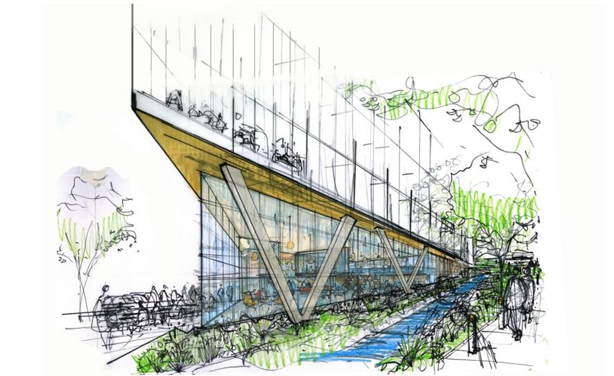 Concept sketch of the front of the building showing landscaping. Image: BDP