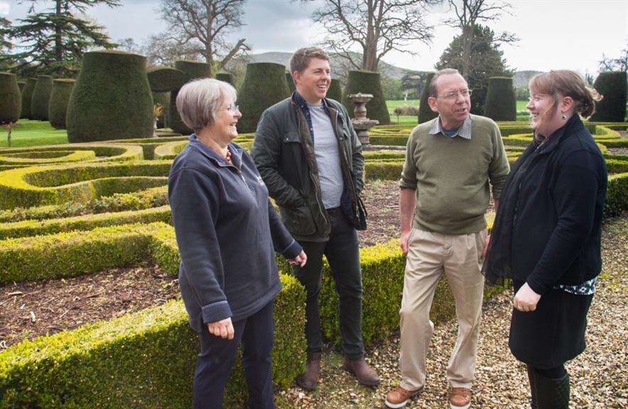 (l - r) Barbara Griffiths, Tom Rowley-Conwy, Lord Owain Langford, North Wales Tourism’s Eirlys Jones in Bodrhyddan Hall gardens