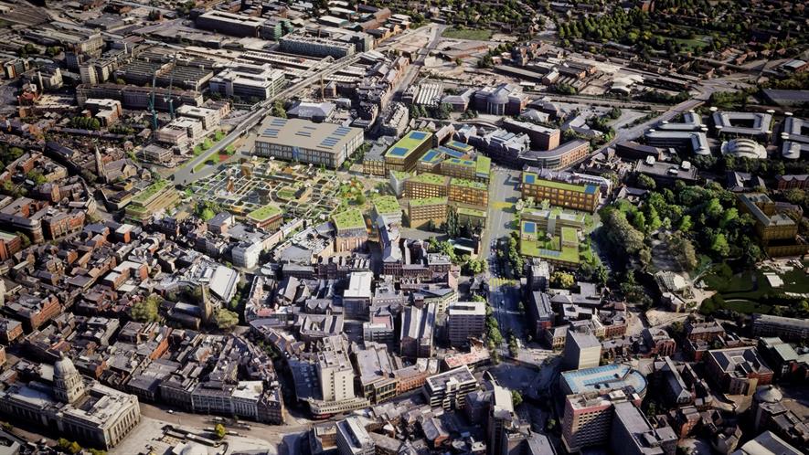 Aerial view of BroadMarsh with new 'Green heart' parkland in the centre of the built up area