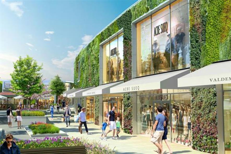 CGI of how the green wall will look at the retail park extension. Image: McArthurGlen